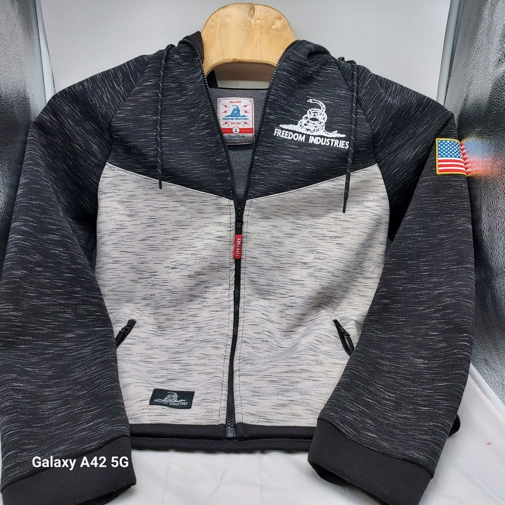 Freedom Industries Mens Full Zip Hoodie Space Dye Grey Black Gadsden‎ Flag Small